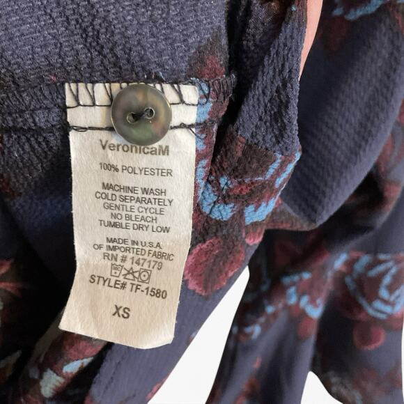 "Veronica M"-Blouse Top Wo men's Size XS Blue Wine Bell Sleeves V-Neck Tie Front - Picture 10 of 13